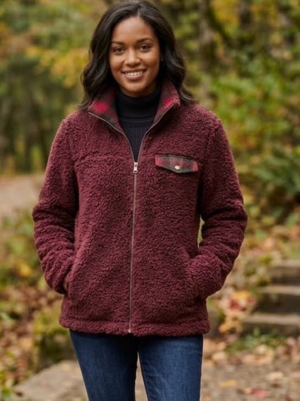 Pendleton Maroon Fleece Jacket with Plaid Accents Size M